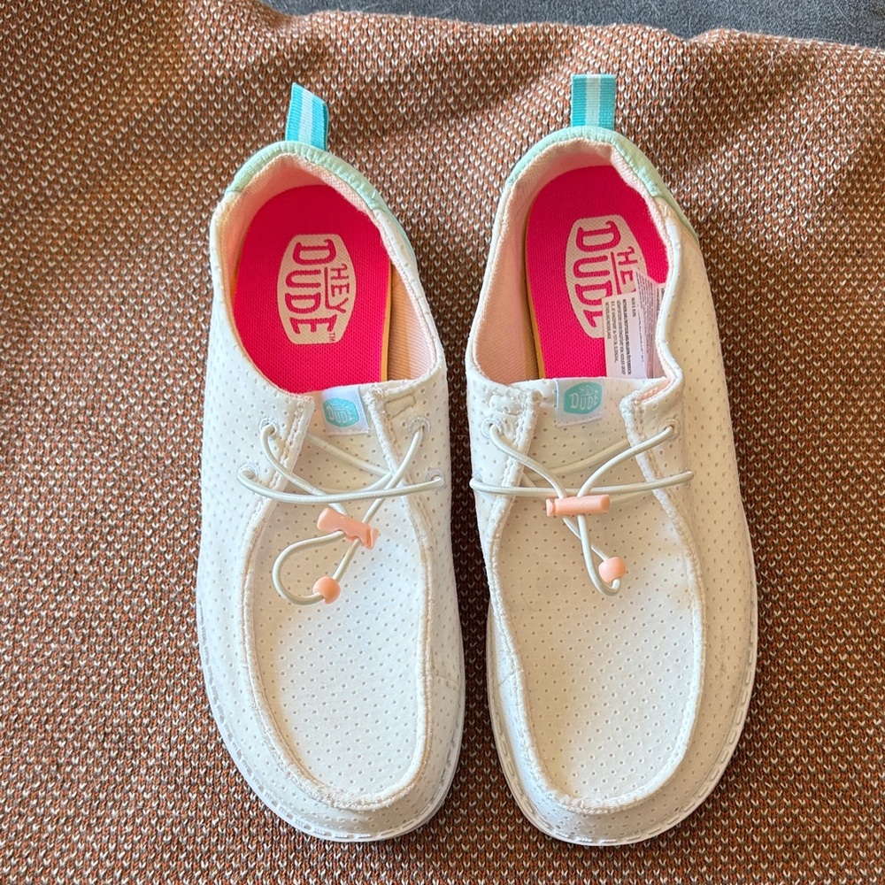 Hey Dude Kids White Moccasins with Pink and Blue Accents